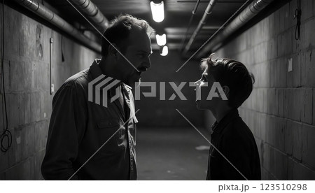 Angry father verbally attacking son, revealing deep rooted communication breakdown and emotional tension within dysfunctional family dynamic Angry father verbally attacking son, revealing deep rooted communication breakdown and emotional tension within dysfunctional family dynamic 123510298