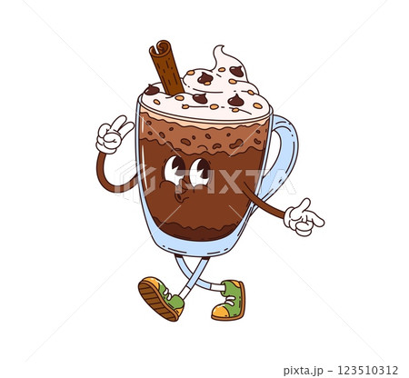 Cartoon groovy hot chocolate dessert character. Isolated vector transparent glass mug or cup retro personage happily singing or whistling, topped with a whipped cream, and wearing hippie y2k sneakers Cartoon groovy hot chocolate dessert character. Isolated vector transparent glass mug or cup retro personage happily singing or whistling, topped with a whipped cream, and wearing hippie y2k sneakers 123510312