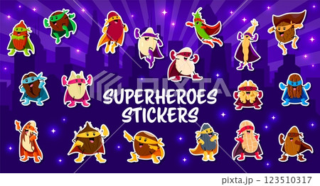 Cartoon superhero nut and legume characters stickers pack. Vector fun and playful pecan, peanut, pistachio and cashew, almond, chestnut, pumpkin and sunflower seeds comic personages in dynamic poses 123510317
