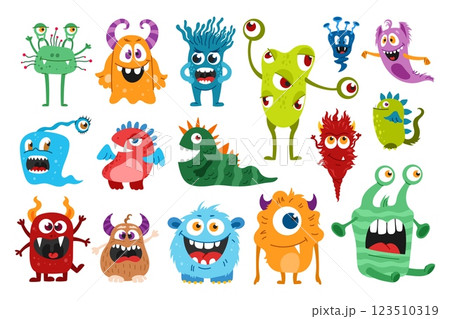 Cartoon cute monster characters of vector funny alien animal creatures, scary toys and little Halloween beasts, happy bacteria and comic dragons. Cute fluffy color monster characters with crazy smiles Cartoon cute monster characters of vector funny alien animal creatures, scary toys and little Halloween beasts, happy bacteria and comic dragons. Cute fluffy color monster characters with crazy smiles 123510319