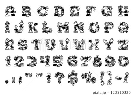 Steampunk font, machine gear typeface, mechanic type, english alphabet letters and numbers with vector thin line mechanical parts, pipes, screws and cogwheels. Steam punk alphabet font typography set 123510320