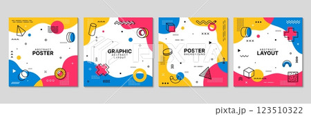 Memphis square covers with abstract geometric pattern vector background. Modern graphic shapes and minimal line art color elements memphis patterns for social media, business flyer or brochure cover Memphis square covers with abstract geometric pattern vector background. Modern graphic shapes and minimal line art color elements memphis patterns for social media, business flyer or brochure cover 123510322