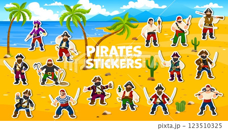 Stickers pack of cartoon pirate and corsair characters. Vector patches with funny rovers. captain, sailor, boatswain and swashbuckler with female pirate queen on secret island beach with palm trees 123510325