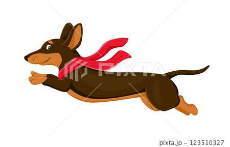 Cartoon dachshund dog puppy character leaping through the air, wearing flowing red scarf. Playful animal pet with its ears perked appears dynamic and adventurous, symbolizing speed, excitement and joy 123510327