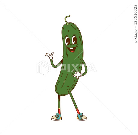Cartoon groovy cucumber vegetable character with funky and playful expression, wearing casual sneakers and happily posing. Isolated vector ripe and fresh farm veggie personage promotes healthy eating Cartoon groovy cucumber vegetable character with funky and playful expression, wearing casual sneakers and happily posing. Isolated vector ripe and fresh farm veggie personage promotes healthy eating 123510328