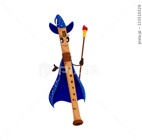 Cartoon flute Halloween mage and wizard character. Isolated vector musical wind instrument musician personage wears blue astrologer wiz cape and hat, holding magic wand with smiling face making spell Cartoon flute Halloween mage and wizard character. Isolated vector musical wind instrument musician personage wears blue astrologer wiz cape and hat, holding magic wand with smiling face making spell 123510329
