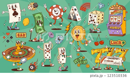 Retro groovy casino gambling cartoon characters of dice and gold coins, vector comic art. Groovy casino roulette or wheel of fortune with poker chips or gamble game jackpot in 70s hippie retro cartoon Retro groovy casino gambling cartoon characters of dice and gold coins, vector comic art. Groovy casino roulette or wheel of fortune with poker chips or gamble game jackpot in 70s hippie retro cartoon 123510336