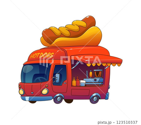 Hot dog food truck car, festival street foodtruck van in red color with a giant hotdog on top. Cartoon vector retro vehicle features an open service window, condiments, a cooking area, and a awning 123510337