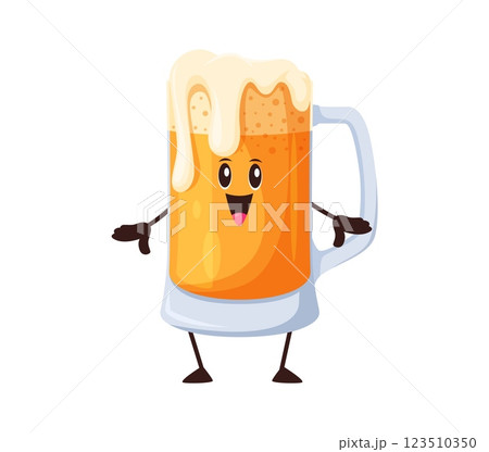 Cartoon beer drink glass tankard funny character. Craft brewery alcohol drink glass cup funny vector mascot, bar beer mug or pub ale tankard happy character. Bavarian Oktoberfest drink personage 123510350