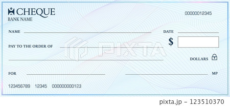 Bank cheque template with watermark. Blank chequebook check vector mockup with blue guilloche pattern background. Finance payment document, bank cheque, money certificate, voucher with wavy watermark Bank cheque template with watermark. Blank chequebook check vector mockup with blue guilloche pattern background. Finance payment document, bank cheque, money certificate, voucher with wavy watermark 123510370