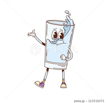 Groovy retro hippie water drink glass character. Mineral water beverage retro groovy isolated vector personage. Pure and clean aqua splash cheerful mascot or hydration drink cute cartoon character Groovy retro hippie water drink glass character. Mineral water beverage retro groovy isolated vector personage. Pure and clean aqua splash cheerful mascot or hydration drink cute cartoon character 123510371