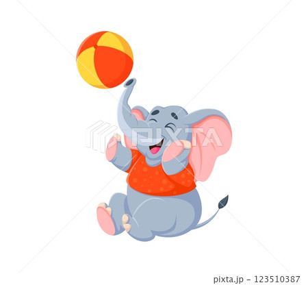 Cartoon funny elephant character sitting and joyfully playing with a colorful beach ball. Isolated vector cheerful elephant animal wearing bright red shirt with polka dots, showcasing a playful vibes Cartoon funny elephant character sitting and joyfully playing with a colorful beach ball. Isolated vector cheerful elephant animal wearing bright red shirt with polka dots, showcasing a playful vibes 123510387