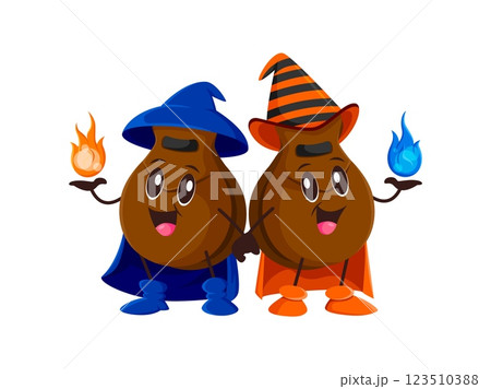 Cartoon castanets Halloween mage and wizard characters. Isolated vector funny percussion music instruments of Latin America in witch clothes with magic fireballs in hands. Spanish culture personages Cartoon castanets Halloween mage and wizard characters. Isolated vector funny percussion music instruments of Latin America in witch clothes with magic fireballs in hands. Spanish culture personages 123510388
