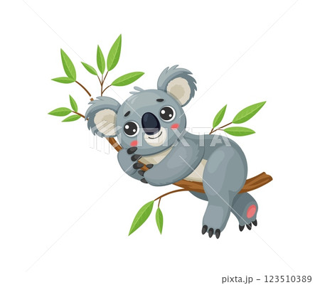 Cartoon funny koala bear character with big eyes and fluffy gray fur relaxing on the eucalyptus tree with green leaves, lying on the branch. Isolated vector cute Australian animal in natural habitat 123510389