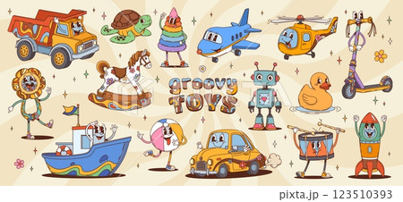 Retro cartoon groovy kid toy characters. Dump truck, turtle, rocking horse, airplane, scooter, robot and drum, rocket and helicopter. Rings pyramid, rattle, rubber duck and boat, ball and car 123510393