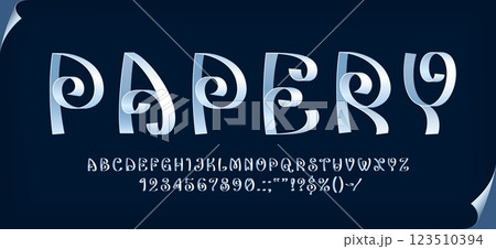 Ribbon paper font, origami type, 3d white typeface, modern english alphabet letters and numbers. Vector typography japanese art craft font abc set of folded paper characters with white ribbon swirls Ribbon paper font, origami type, 3d white typeface, modern english alphabet letters and numbers. Vector typography japanese art craft font abc set of folded paper characters with white ribbon swirls 123510394