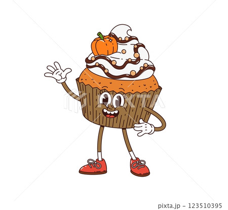 Cartoon groovy cupcake bakery and pastry dessert character with retro sneakers, topped with a pumpkin candy, whipped cream and chocolate sauce, joyfully waving hand with happy face exudes playful vibe 123510395
