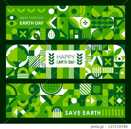 Earth day banners with green ecology geometric shapes. Save the world environmental posters with modern modular mosaic pattern. Vector horizontal cover or layout templates for April 22 celebration 123510396