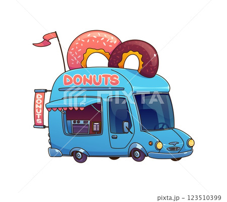 Cartoon street food donut truck, vintage festival foodtruck. Isolated vector blue van with a serving window and bakery equipment offering sweet treats, and desserts. Mobile vending and pastry service 123510399