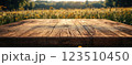 Wooden Table Surface with Sunset Blurry Cityscape and Nature Background, Warm Tones, and Soft Focus Lights Creating a Cozy Atmosphere for Relaxation 123510450