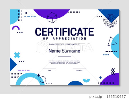 Graduation certificate of appreciation template with geometric shapes. Competition winning greeting document, personal achievement award certificate template with Bauhaus vector geometric forms Graduation certificate of appreciation template with geometric shapes. Competition winning greeting document, personal achievement award certificate template with Bauhaus vector geometric forms 123510457