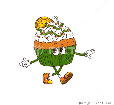 Cartoon groovy cupcake character saint Patrick day holiday dessert personage. Isolated vector funky retro Irish muffin with gold lucky clover coin on the top. Traditional sweet festive food of Ireland Cartoon groovy cupcake character saint Patrick day holiday dessert personage. Isolated vector funky retro Irish muffin with gold lucky clover coin on the top. Traditional sweet festive food of Ireland 123510458