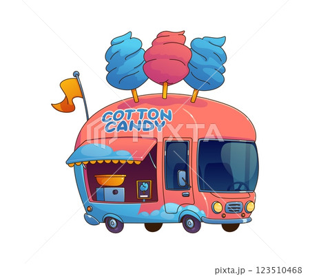 Cartoon candy cotton street food truck, vintage festival foodtruck van. Vector mobile vending retro vehicle features serving window and equipment, cooking sweet treat for outdoor funfair entertainment 123510468