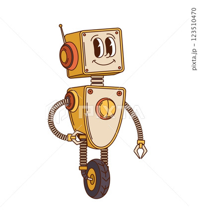 Groovy robot and droid character features rounded body flexible mechanical arms, antenna, big eyes and wheel. Cartoon vector au cyborg with friendly happy face, exude nostalgic sci fi retro y2k vibe 123510470