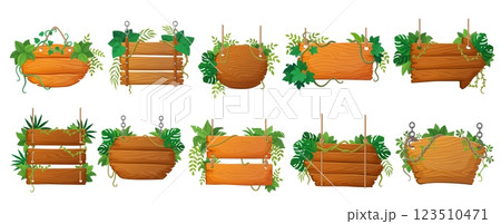 Wooden sign boards with jungle lianas and plants. Set of tropical hanging signboards with monstera leaves and vines. Vector wood beach banners with plants, game level menu panels with green leaves 123510471