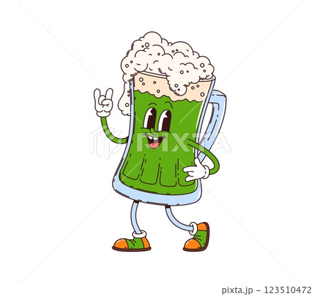 Cartoon groovy beer ale character, saint Patrick day holiday retro personage. Isolated vector glass cup filled with traditional, green, foamy Irish drink, cheerful funky face, ready for celebration 123510472