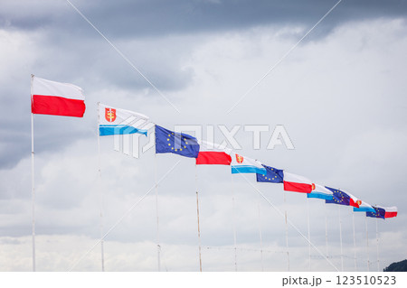 Poland, European Union and Gdynia city flag 123510523