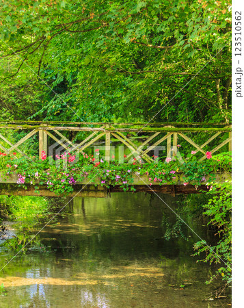 Old small bridge over river in green garden. 123510562