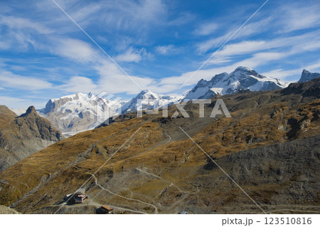 Idyllic summer panorama landscape in the Swiss Alps with fresh green meadows and snowcapped mountain tops in the background. Switzerland near Matterhorn Zermatt 123510816