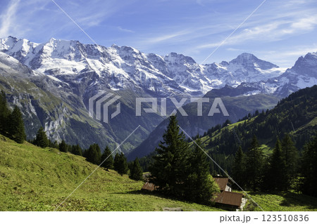 Amazing touristic alpine village in valley Lauterbrunnen, Switzerland attraction 123510836