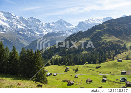 Amazing touristic alpine village in valley Lauterbrunnen, Switzerland attraction Amazing touristic alpine village in valley Lauterbrunnen, Switzerland attraction 123510837