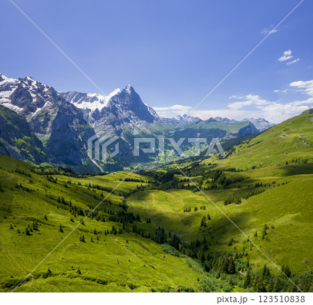 View on the alpine valley Grindelwald. Jungfrau, Switzerland. Under the Bernese alps. Mountain village. View on the alpine valley Grindelwald. Jungfrau, Switzerland. Under the Bernese alps. Mountain village. 123510838