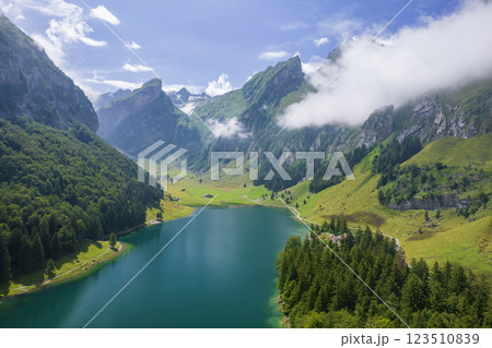 Aerial of beautiful mountain lake Seealpsee in Alps of Switzerland Sunny summer day Aerial of beautiful mountain lake Seealpsee in Alps of Switzerland Sunny summer day 123510839