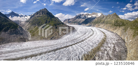 Aerial drone view of Great Aletsch Glacier Alps Switzerland in sunny summer day. Popular tourist destination Aerial drone view of Great Aletsch Glacier Alps Switzerland in sunny summer day. Popular tourist destination 123510846