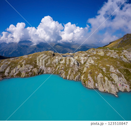 Aerial view of Mountain lake Wildsee on Pizol 5 lakes hike in Switzerland 123510847