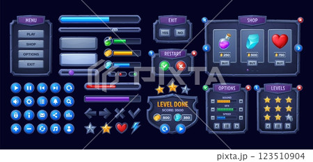 Stone game interface, Medieval UI game buttons and assets, vector GUI elements. Arcade game menu and interface elements with stone buttons and assets of scores, energy or life and power levels Stone game interface, Medieval UI game buttons and assets, vector GUI elements. Arcade game menu and interface elements with stone buttons and assets of scores, energy or life and power levels 123510904