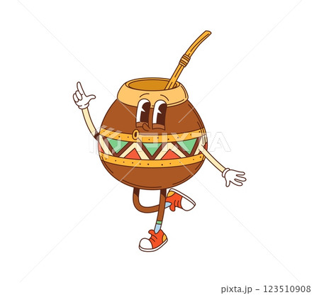 Mate tea calabash groovy cute character. South America vintage groovy cute mascot, herbal drink 60s 70s funky vector funny personage 123510908