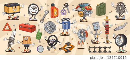 Cartoon groovy car spare part characters. Psychedelic hippie auto repair tools and spare parts vector personages. Retro groovy car engine, piston, oil and battery, wheel, tire, spark plug and gear Cartoon groovy car spare part characters. Psychedelic hippie auto repair tools and spare parts vector personages. Retro groovy car engine, piston, oil and battery, wheel, tire, spark plug and gear 123510913