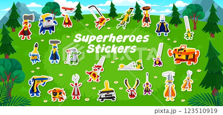 Cartoon repair, construction and DIY tool characters stickers, vector pack. Funny construction tools superheroes with saw and drill superman and hammer defender with wrench guardian in power mantle Cartoon repair, construction and DIY tool characters stickers, vector pack. Funny construction tools superheroes with saw and drill superman and hammer defender with wrench guardian in power mantle 123510919