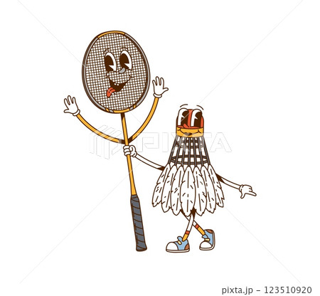 Cartoon groovy sport characters of badminton racquet with shuttlecock, vector personages. Funny groovy badminton racquet with funky face and shuttlecock with silly smile for cartoon sport character Cartoon groovy sport characters of badminton racquet with shuttlecock, vector personages. Funny groovy badminton racquet with funky face and shuttlecock with silly smile for cartoon sport character 123510920