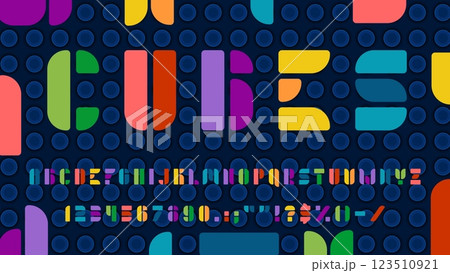 Bold modern kids font, abstract type, child typeface, english playful alphabet letters and numbers blocks. Vector typography geometric font abc characters at kids plastic building blocks background Bold modern kids font, abstract type, child typeface, english playful alphabet letters and numbers blocks. Vector typography geometric font abc characters at kids plastic building blocks background 123510921