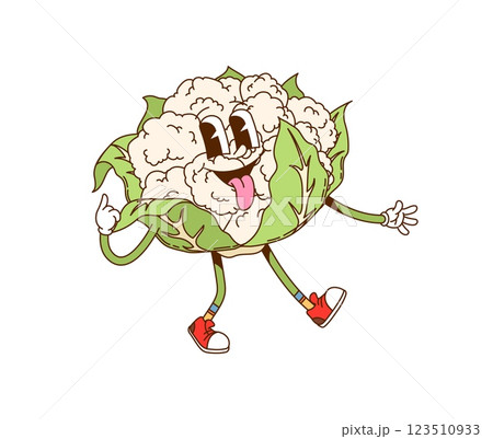 Cartoon groovy cauliflower cabbage vegetable character with tongue sticking out, smiles and flashing finger up gesture. Isolated vector ripe and raw healthy farm food personage exudes playful vibe 123510933