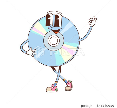 Cartoon groovy CD compact disk character from computer PC or music player, vector personage. Groovy CD with happy smile on face and Ok gesture for computer compact disc or CD music character Cartoon groovy CD compact disk character from computer PC or music player, vector personage. Groovy CD with happy smile on face and Ok gesture for computer compact disc or CD music character 123510939