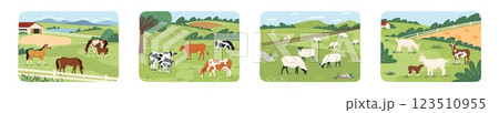 Livestock including cows, horses, and sheep graze peacefully on verdant pastures surrounded by rolling hills and a farmhouse in the background, creating a tranquil farming environment 123510955
