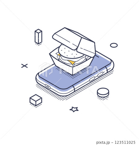Food delivery service icon illustrating a burger in a takeout box on a smartphone screen Food delivery service icon illustrating a burger in a takeout box on a smartphone screen 123511025