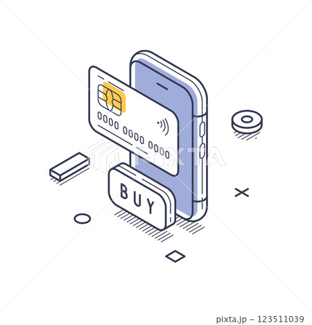 Isometric line art icon representing online market shopping with smartphone and payment card 123511039